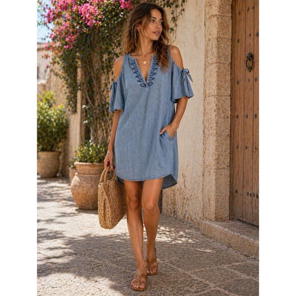 Blue Rain Dresses & Skirts - Blue Rain Chambray Tunic Dress Medium Blue Tencel Embroidered V-Neck Pockets Boh